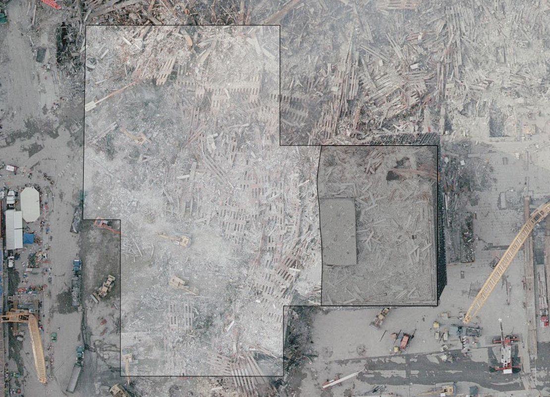 Figure 29. (9/23/01) Aerial shot by NOAA's Cessna Citation Jet 3,300 feet above WTC4 showing vertical planar cut separating missing main body from preserved wing section. (Edited to show outline of original size of WTC building, and what remains)
  <br>
  - Image by NOAA